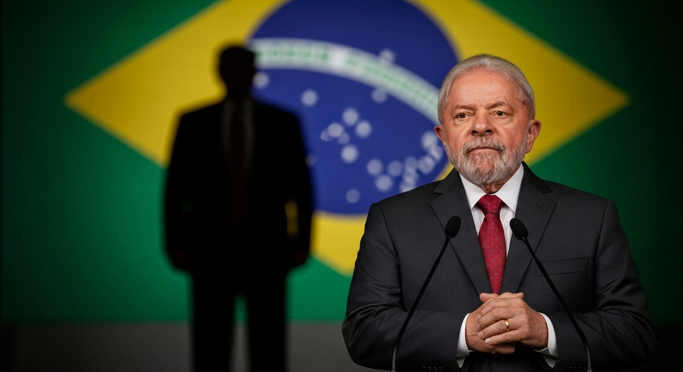 A low-angle, wide shot shows Brazilian President Lula da Silva standing confidently against a blurred patriotic backdrop, with a faint, out-of-focus silhouette of Donald Trump in the deep background, symbolizing Trump's inadvertent role as an electoral asset for Lula in the 2026 elections.