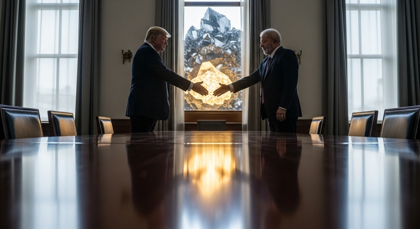 Two world leaders, one resembling Donald Trump and the other Luiz Inácio Lula da Silva, shake hands across a large table in a diplomatic setting, with a glowing rare earth mineral formation visible in the background.
