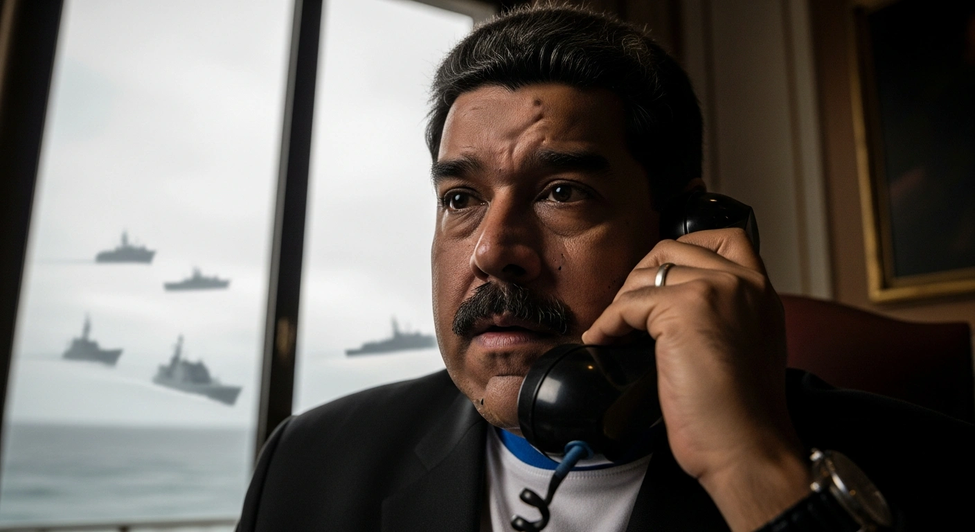 Venezuelan President Nicolás Maduro, appearing tense and defiant, holds a vintage phone receiver to his ear in a dimly lit, opulent office, with the distant, blurred silhouettes of naval vessels visible through a window, symbolizing escalating international tensions.