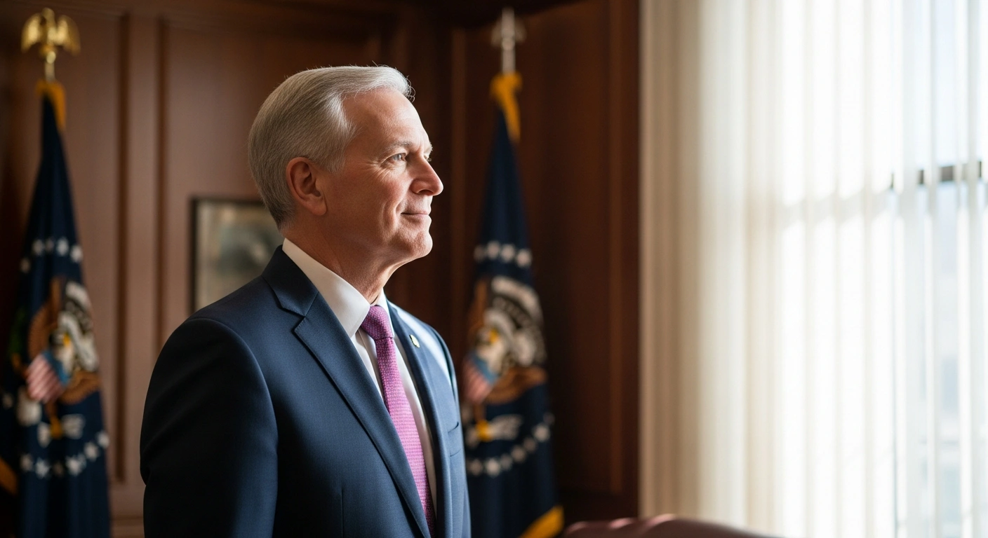 A distinguished economist, Brett Matsumoto, stands in a sunlit, wood-paneled office, symbolizing his nomination by President Donald Trump as the next commissioner of the Bureau of Labor Statistics.