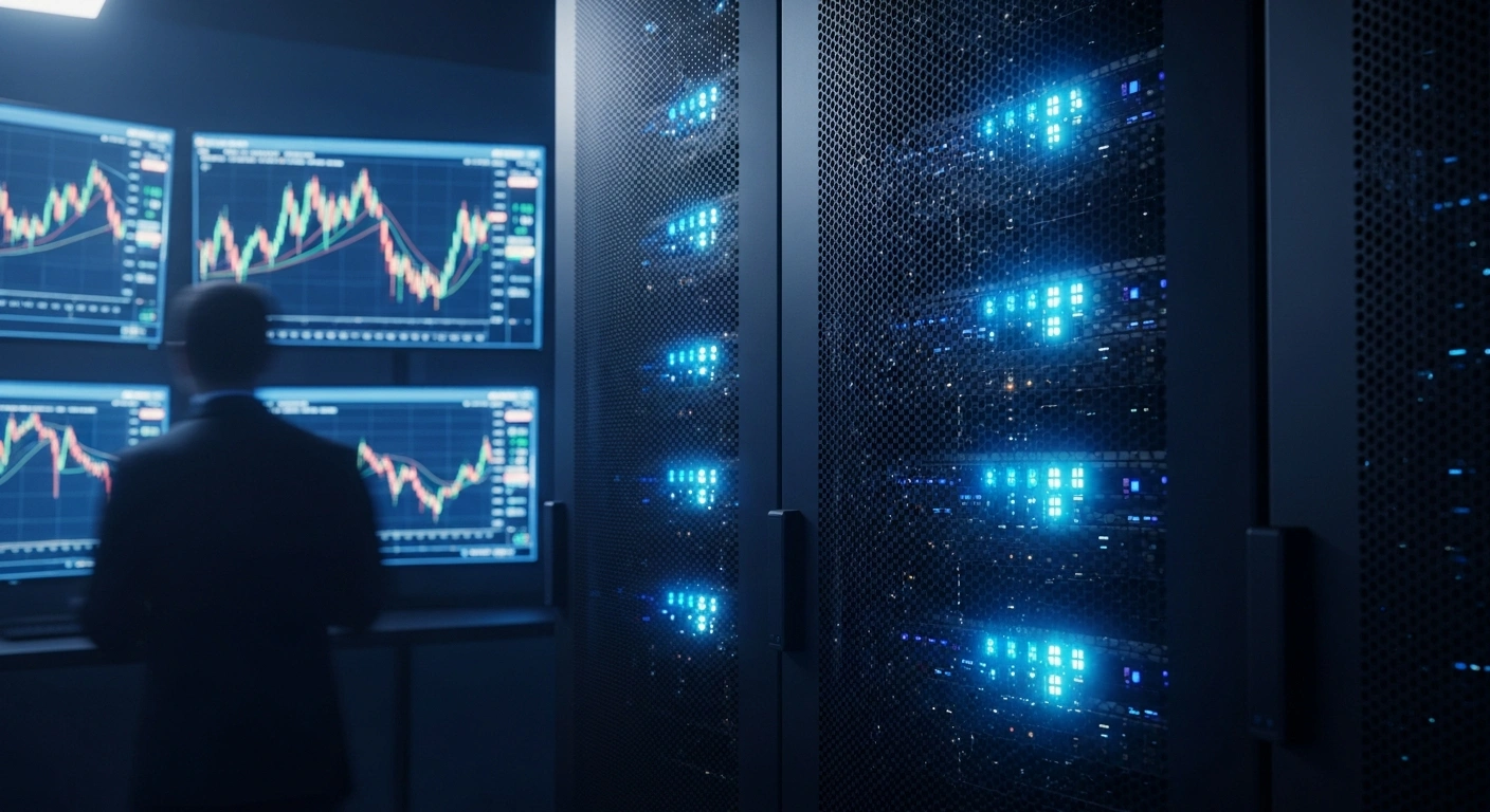 A modern data center server rack is connected to financial trading monitors displaying stock market data for Trump Media and Technology Group.