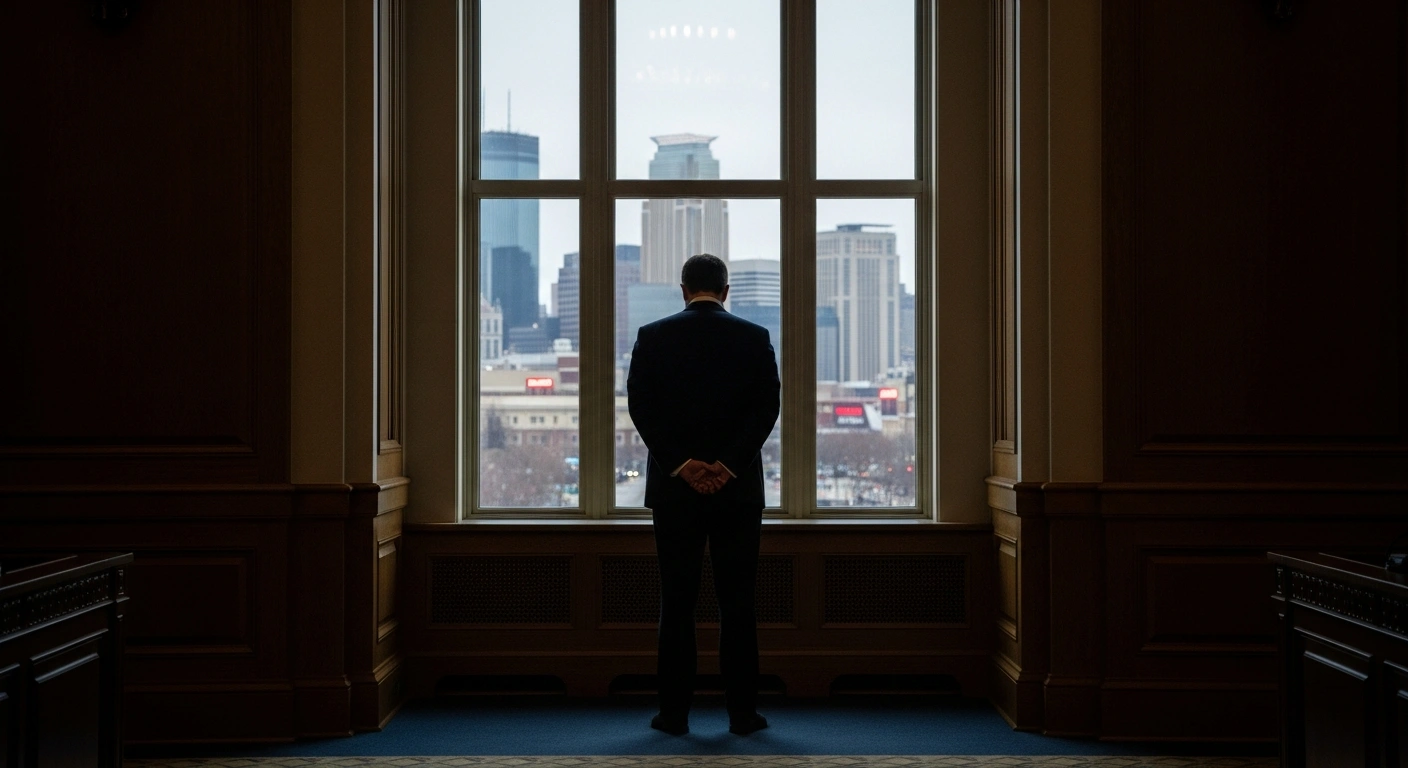 A solitary political figure stands silhouetted against a window overlooking the hazy Minneapolis skyline, reflecting the somber mood surrounding President Trump's conciliatory approach with Minnesota Democrats following fatal shootings by federal agents and the debate over ICE funding in Congress.