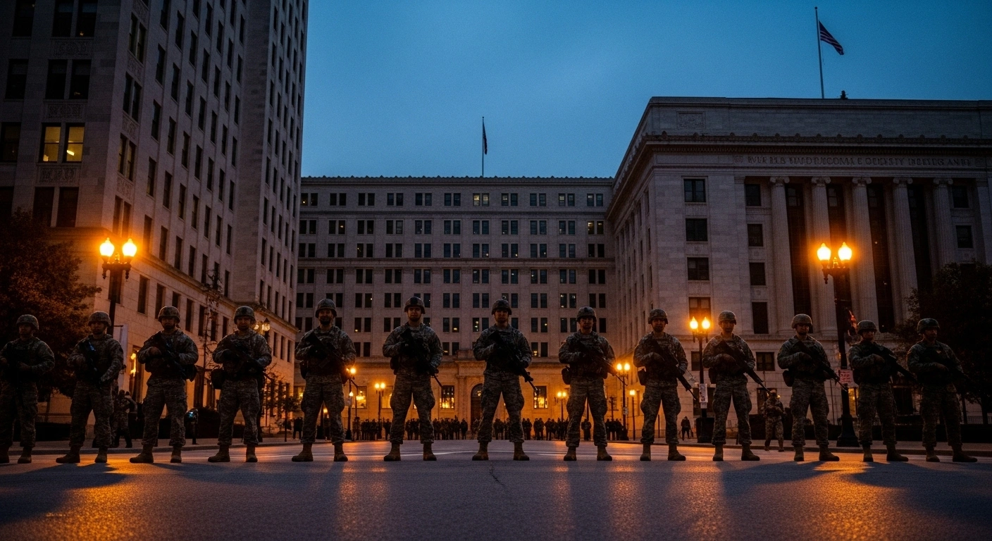 A low-angle, wide shot at dusk shows a line of National Guard troops, deployed by President Donald Trump, standing guard in front of a federal building on a Chicago street, tasked with protecting federal personnel and assets.