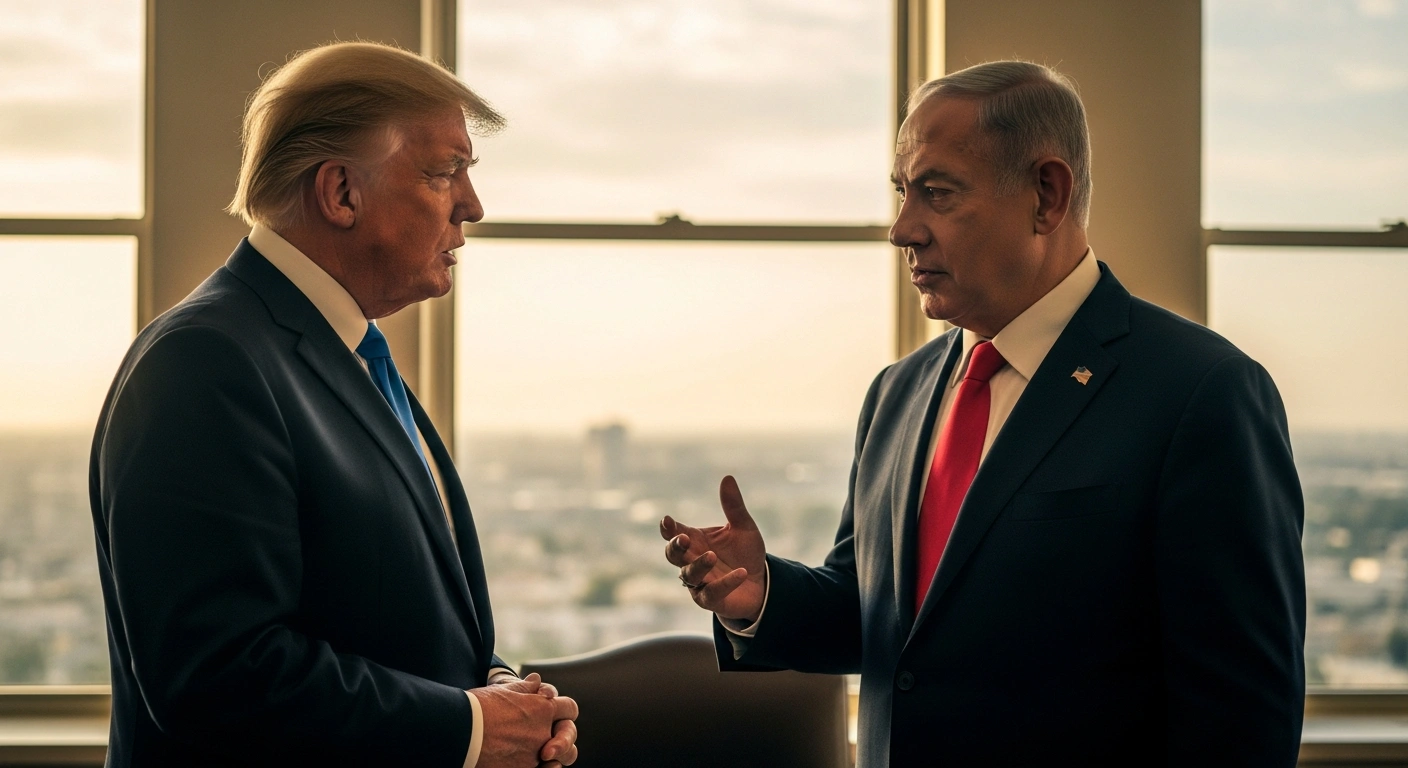 Former President Donald Trump and Israeli Prime Minister Benjamin Netanyahu stand together in a formal office during a diplomatic meeting.
