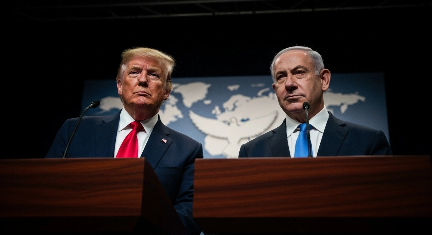 U.S. President Donald Trump and Israeli Prime Minister Benjamin Netanyahu stand at a podium, announcing a 20-point peace proposal aimed at ending the Israel-Hamas war in Gaza, including a ceasefire and hostage release.