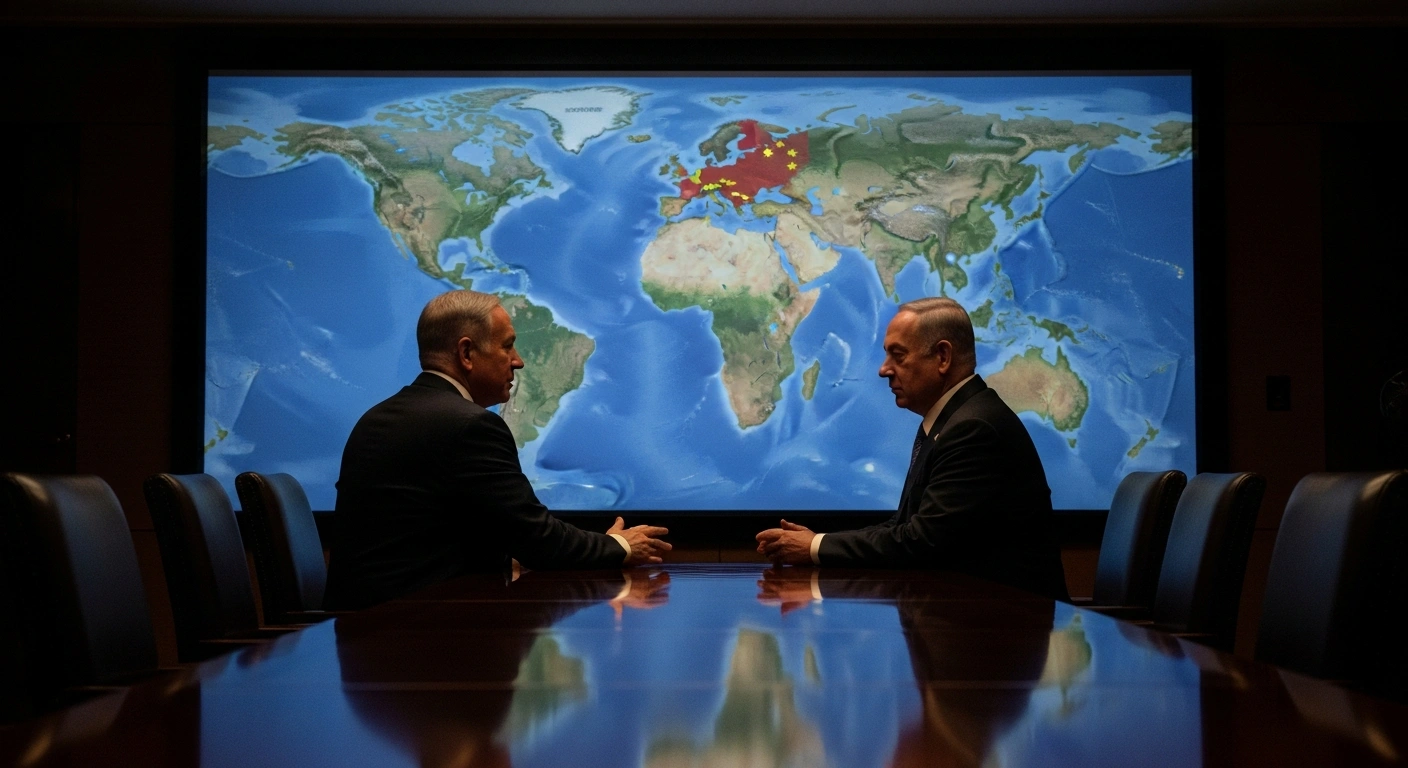 US President Donald Trump and Israeli Prime Minister Benjamin Netanyahu are depicted in a dimly lit room, standing before a large world map projection highlighting the Persian Gulf and Chinese coastlines, symbolizing their agreement to escalate the 'maximum pressure policy' against Iran by curbing its oil exports to China to compel nuclear concessions.