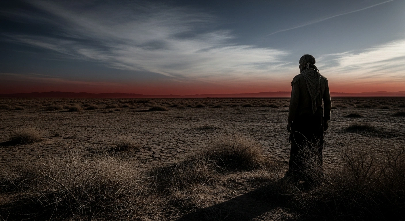 A lone, silhouetted figure stands in a desolate, arid landscape under a dramatic twilight sky, representing the people of Nigeria affected by extremist violence and international criticism from former US President Donald Trump.