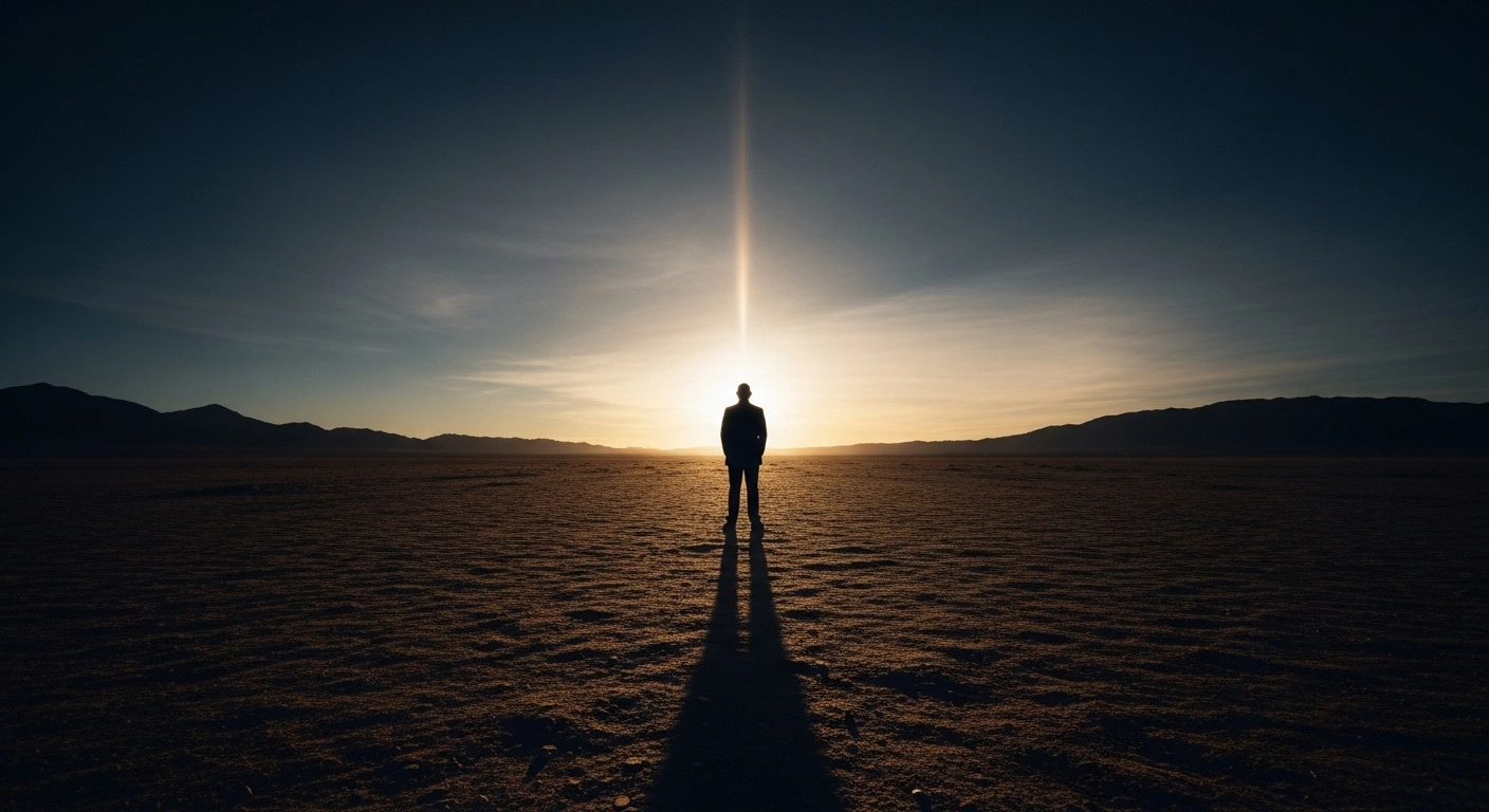 A silhouetted figure, representing President Donald Trump, stands in a desolate desert landscape, observing a distant, ominous glow on the horizon, symbolizing the Pentagon's directive to restart nuclear weapons testing for the first time since 1992, amidst global tensions with Russia and ahead of a meeting with Chinese President Xi Jinping.