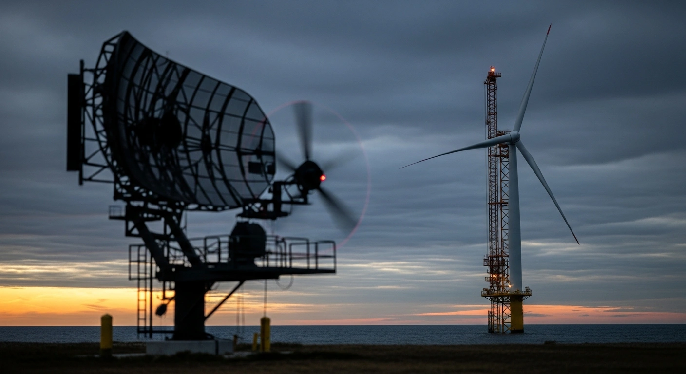 A partially constructed offshore wind turbine stands motionless against a stormy twilight sky, with a subtly glowing radar dish in the foreground, symbolizing the Trump administration's pause on East Coast offshore wind farm leases due to national security and radar interference concerns.