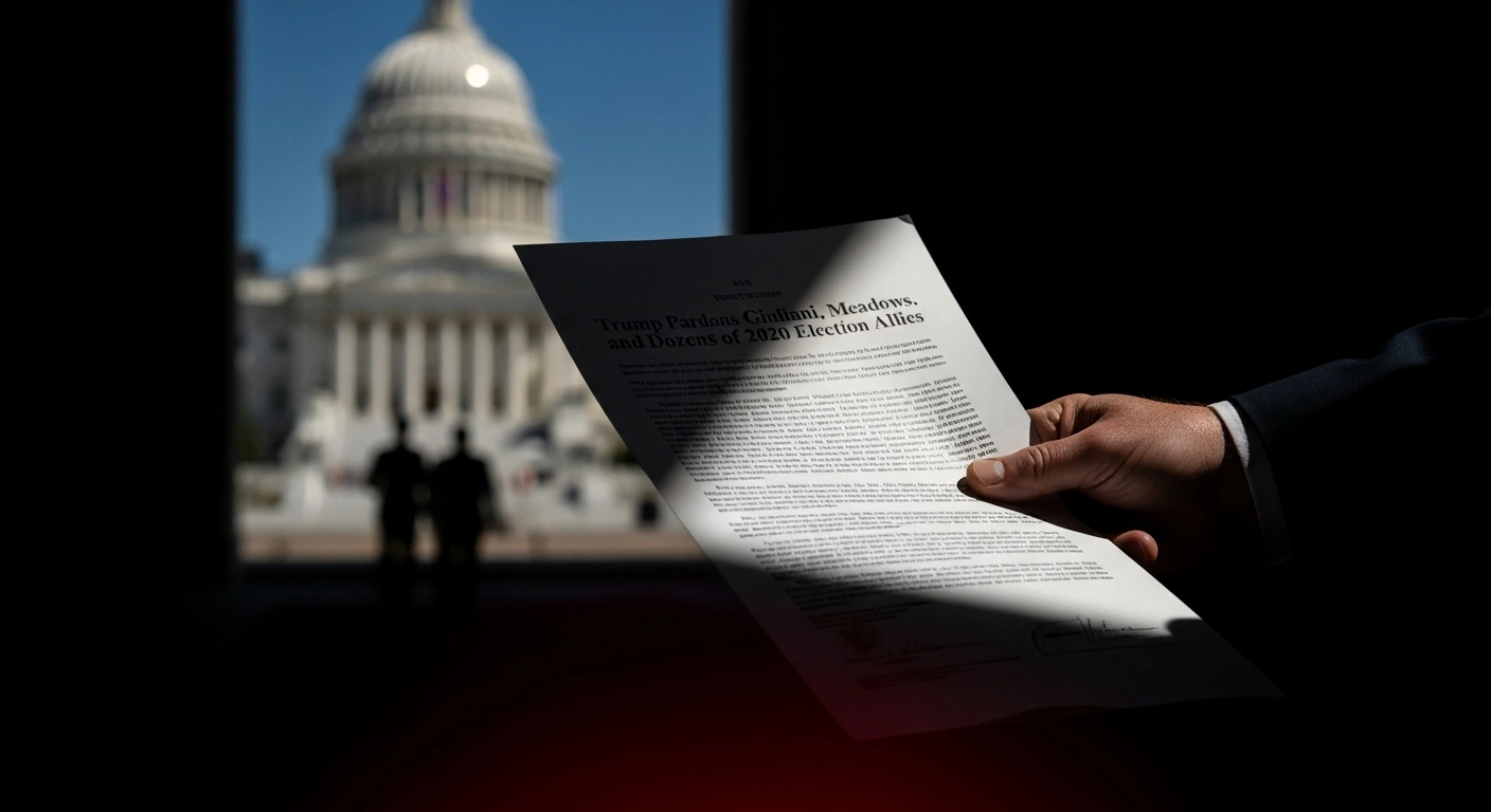 A close-up, Dutch-angled shot of a weathered hand holding a crisp official document, illuminated by a harsh beam of light, with the blurred outline of a neoclassical building in the background, symbolizing President Donald Trump's pardons for allies like Rudy Giuliani and Mark Meadows involved in efforts to overturn the 2020 presidential election, which apply only to federal crimes.