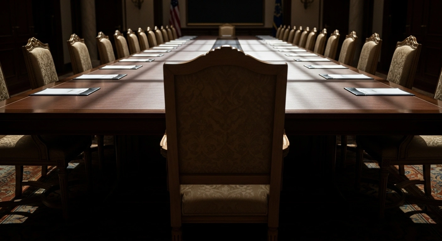 An empty, highly polished conference table with a single ornate chair turned away, symbolizing the stalled diplomatic efforts between US President Donald Trump and Russian President Vladimir Putin regarding a Ukraine peace deal and recent US sanctions.