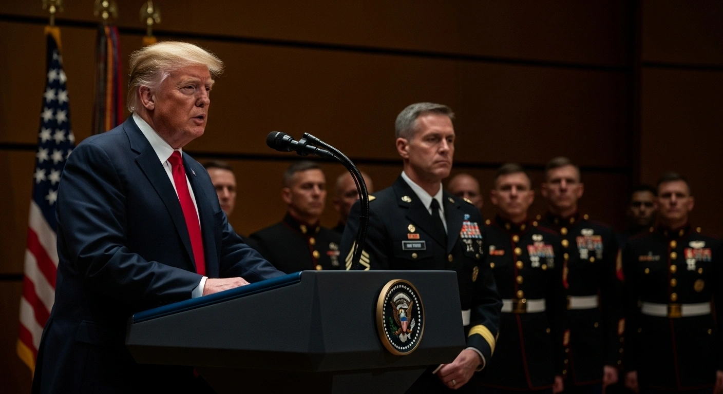 President Donald Trump addresses a group of top U.S. military leaders and Defense Secretary Pete Hegseth at Marine Corps Base Quantico, discussing military policies and the potential deployment of forces in U.S. cities.