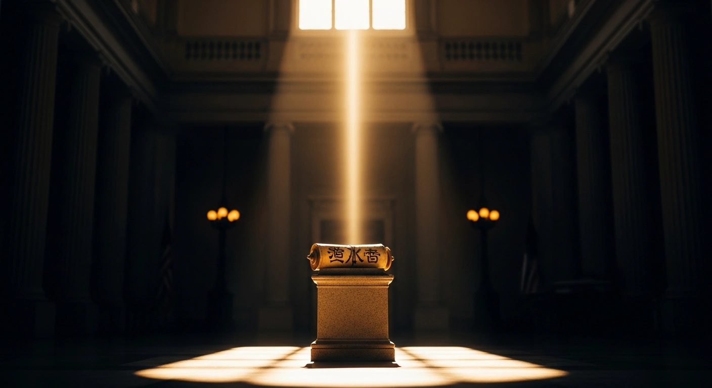 A sun-drenched, classical American hall features a weathered, symbolic scroll on a stone pedestal, illuminated by a golden beam of light, representing the 1786 Virginia Statute for Religious Freedom and the nation's commitment to religious liberty, as designated by President Donald Trump for Religious Freedom Day.
