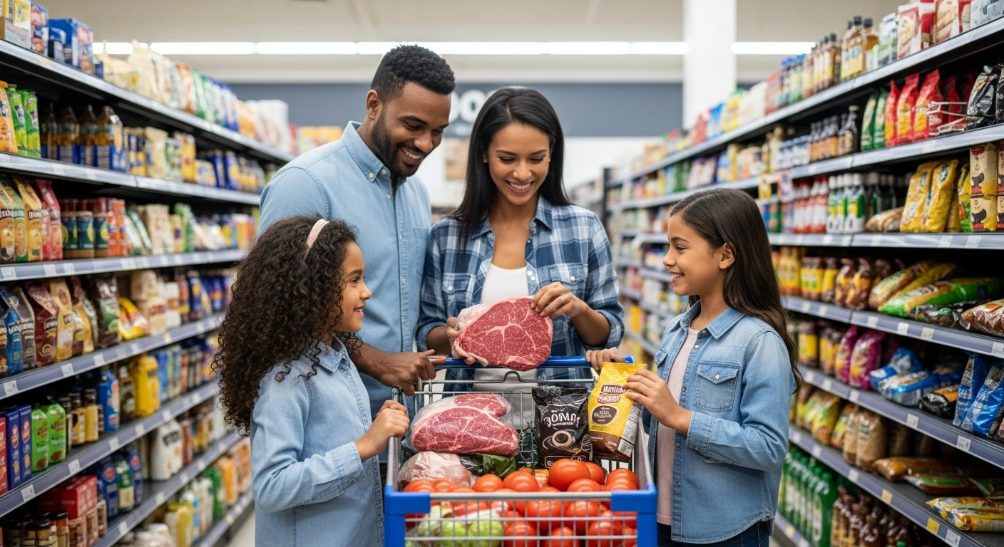 A diverse American family happily fills their grocery cart with fresh beef, ripe tomatoes, and coffee in a brightly lit supermarket aisle, symbolizing the relief for consumers after President Donald Trump signed an executive order repealing import tariffs on numerous food items.
