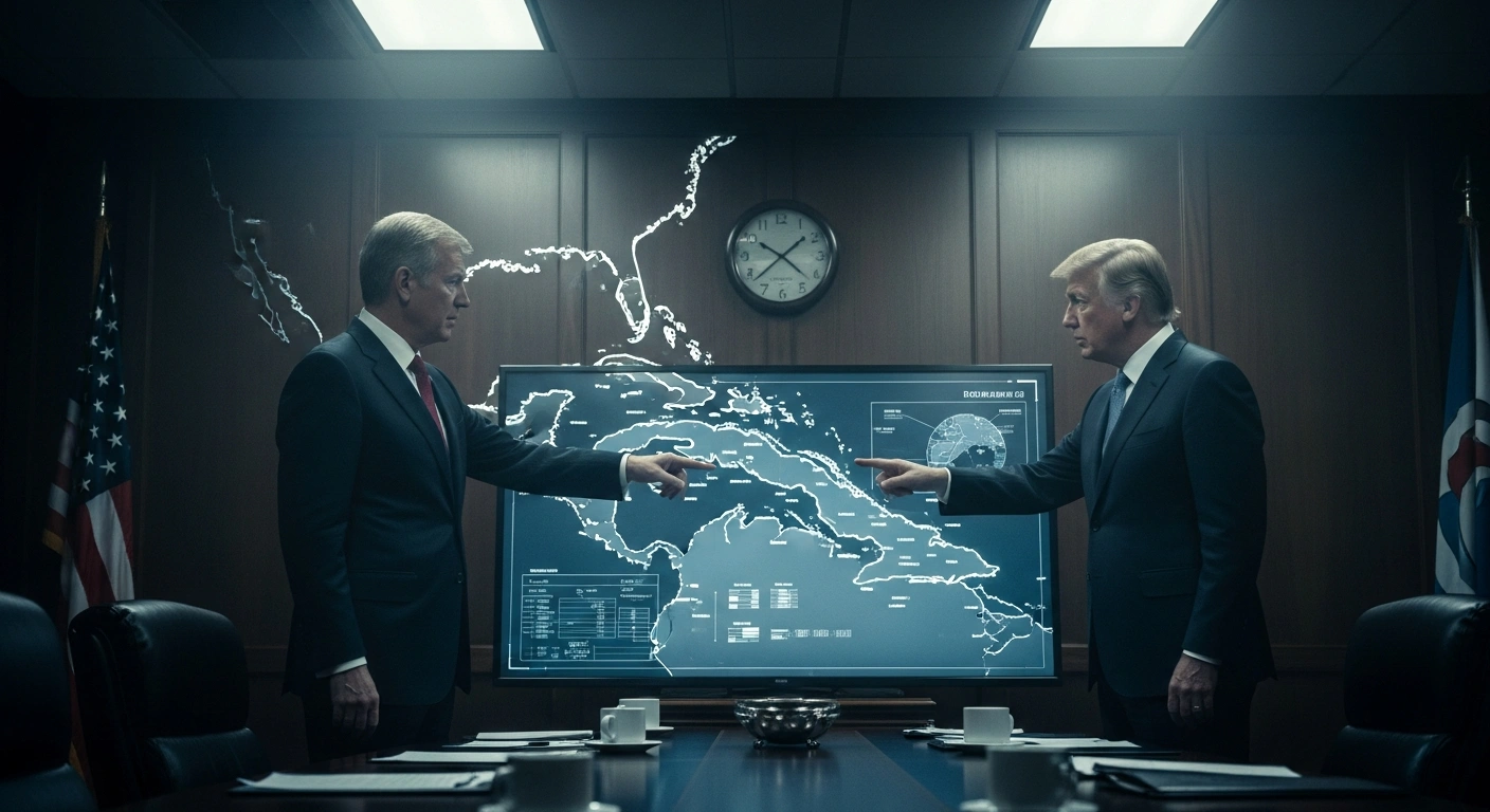 President Donald Trump and Secretary of State Marco Rubio discuss potential military intervention in Cuba while reviewing a digital map following criminal charges against Raúl Castro.