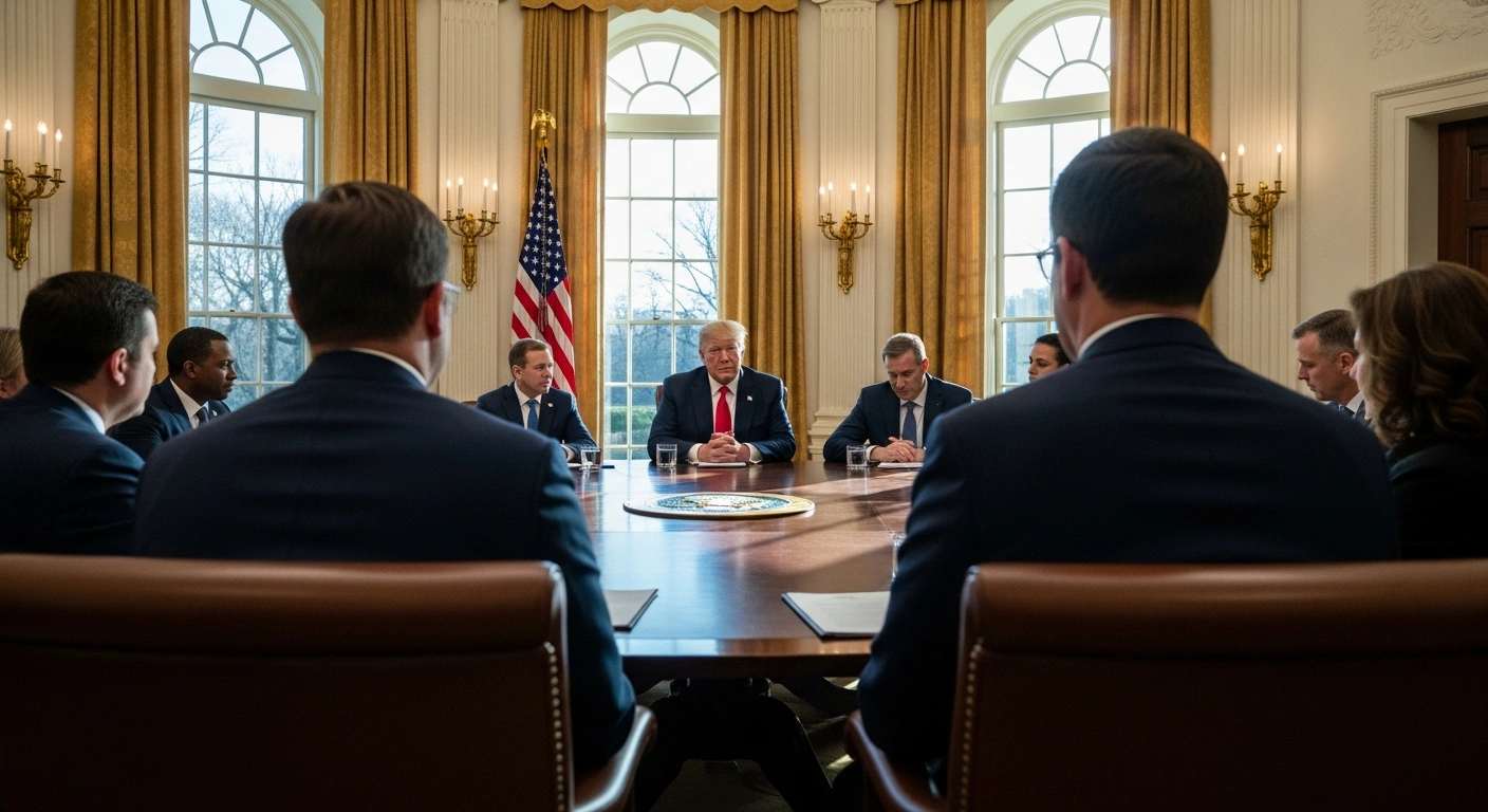 President Donald J. Trump leads a White House roundtable discussion on the $50 billion Rural Health Transformation Program, surrounded by diverse rural community leaders in a sunlit room.
