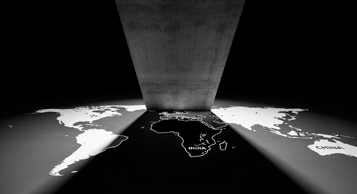 A low-angle shot of a colossal, brutalist-style block casting a long, foreboding shadow across a stylized global map, specifically darkening the regions representing Russia, India, and China, symbolizing severe economic sanctions and tariffs.