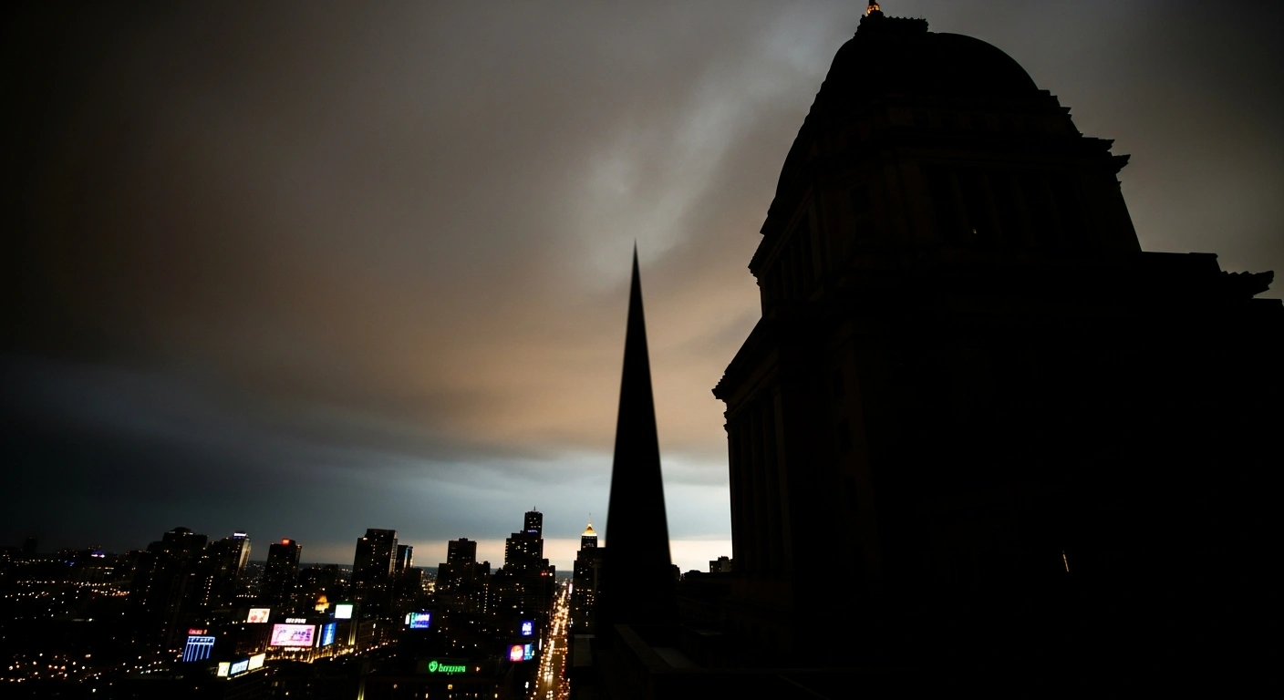 A dramatic, low-angle shot of a federal-style building silhouetted against a stormy twilight sky, casting a long shadow over a bustling city skyline, symbolizing President Donald Trump's declaration to cease federal funding for sanctuary cities and the resulting legal challenges.
