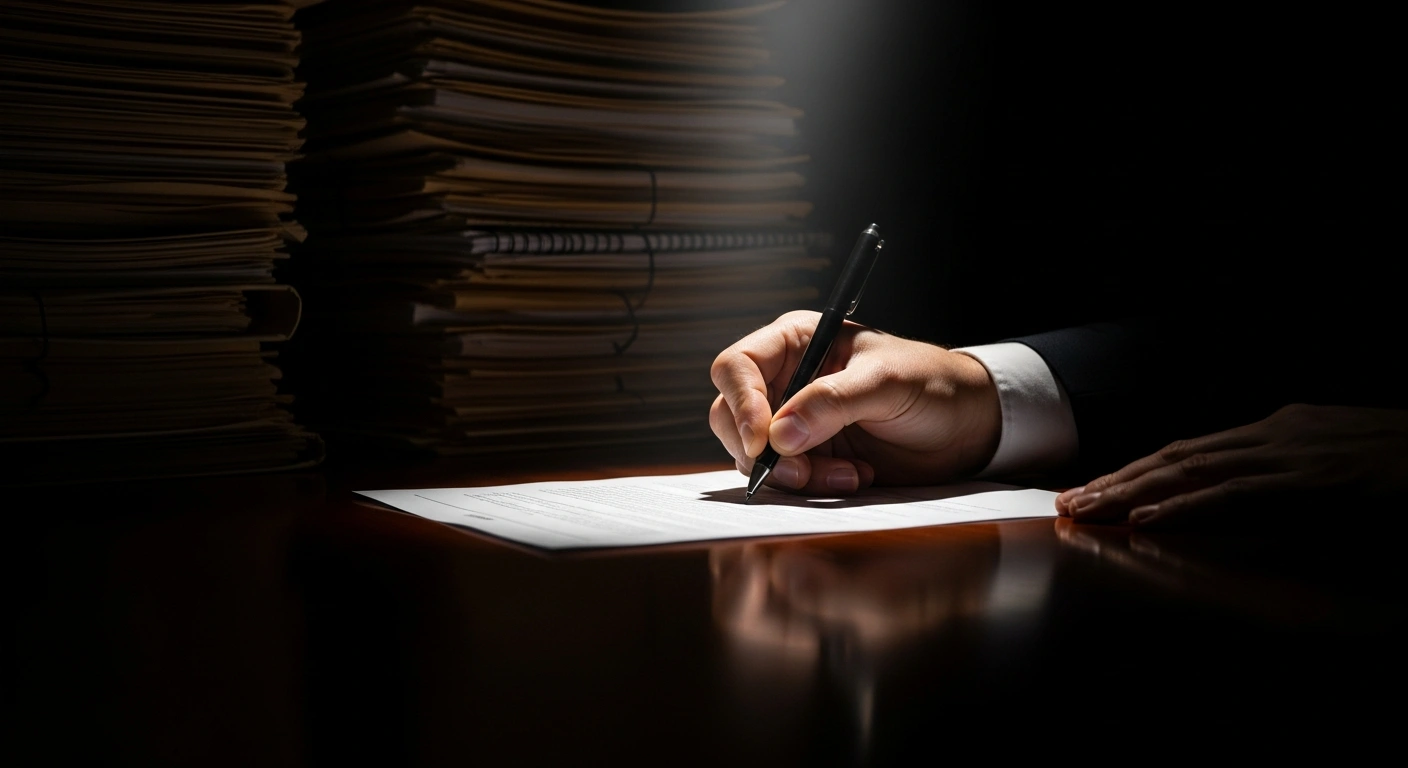 A close-up, low-angle shot shows a hand signing a large document on a polished desk, with blurred stacks of official files in the background, symbolizing President Trump signing the Epstein Files Transparency Act to release unclassified records.