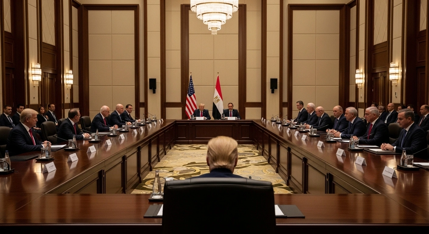 US President Donald Trump and Egyptian President Abdel Fattah al-Sissi are seated at the head of a long, empty conference table in a grand hall in Sharm el-Sheikh, illuminated by golden sunlight, symbolizing a Gaza peace summit.
