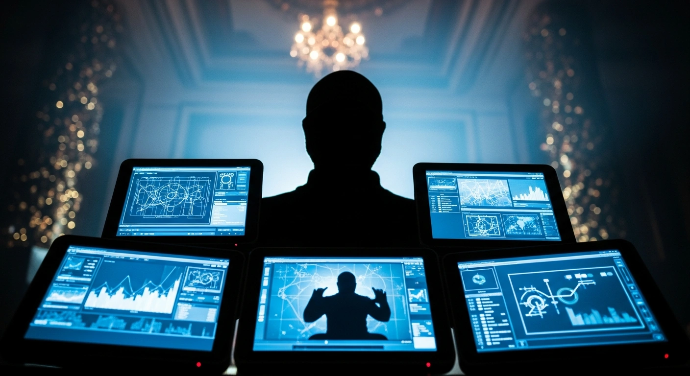 A figure resembling Donald Trump is intensely focused on multiple glowing digital screens in a dimly lit, opulent room with subtle festive decorations, symbolizing his prolific social media activity on Christmas Day 2025, where he posted extensively on platforms like Truth Social and X, denouncing political adversaries and reiterating unsubstantiated claims regarding the 2020 presidential election, while also discussing immigration and economic policies.