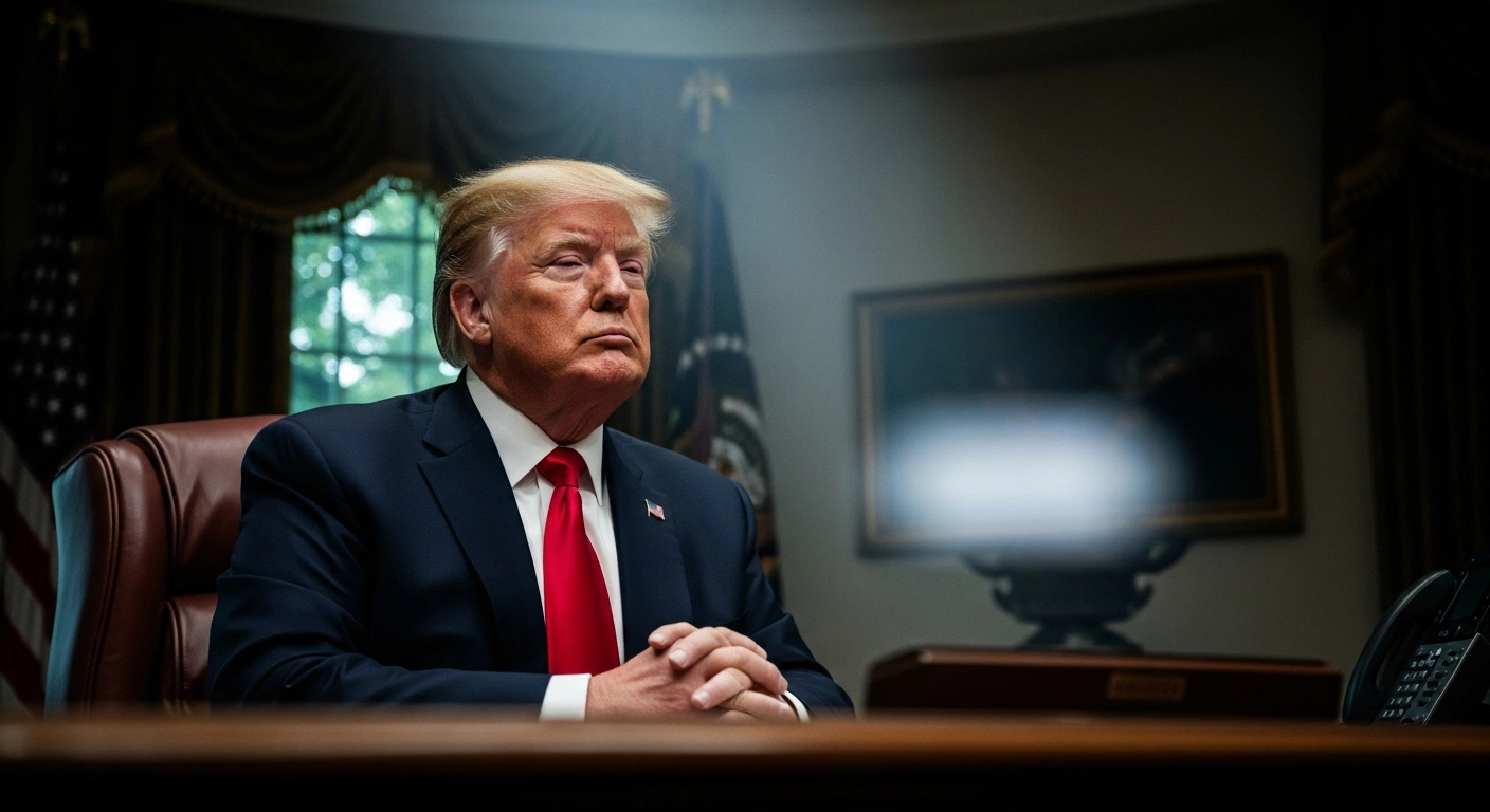 A photorealistic image depicts President Donald Trump in a dimly lit, opulent office, deep in thought, contemplating the recognition of Somaliland, a decision he stated requires further study, contrasting with Israel's recent formal recognition of the self-declared state.
