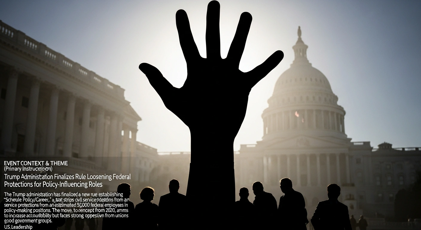 A large, imposing hand casts a long, menacing shadow over a group of silhouetted figures representing federal employees, symbolizing the Trump administration's new rule stripping civil service protections from 50,000 federal workers.