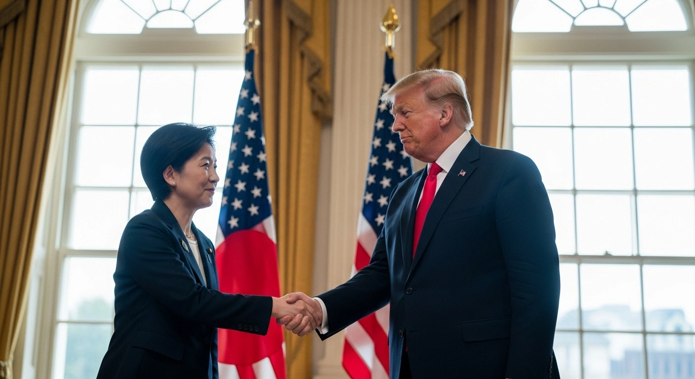 U.S. President Donald Trump and newly elected Japanese Prime Minister Sanae Takaichi shake hands during their official summit in Japan, symbolizing the strengthening U.S.-Japan alliance and bilateral relations.