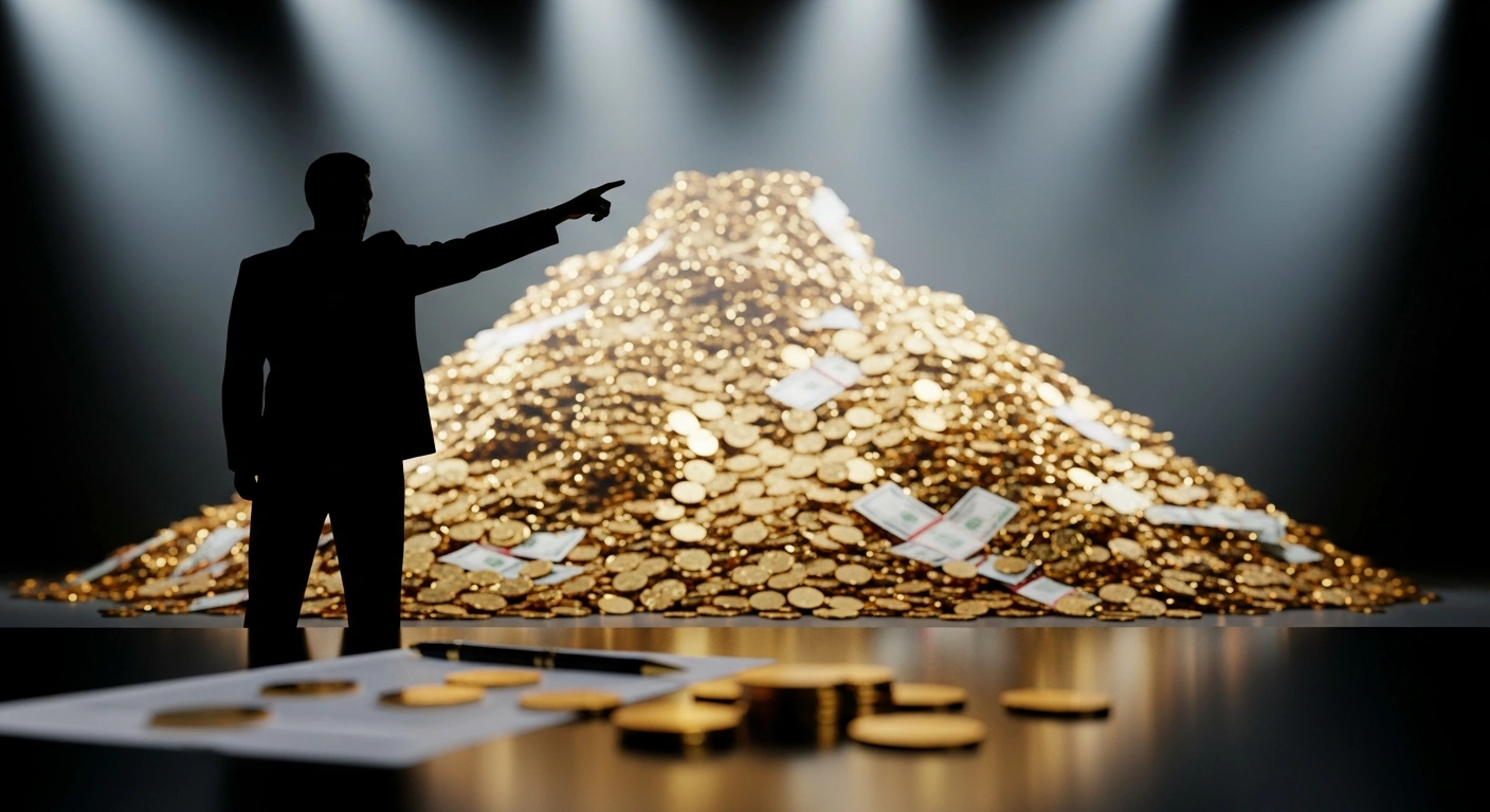 A dramatic, low-angle image depicts a silhouetted figure, representing former President Donald Trump, gesturing towards a colossal, shimmering mountain of gold coins symbolizing his claim of $600 billion in tariff revenues, while in the foreground, scattered, duller coins and legal documents subtly represent lower actual revenues and the pending Supreme Court decision on presidential tariff authority.