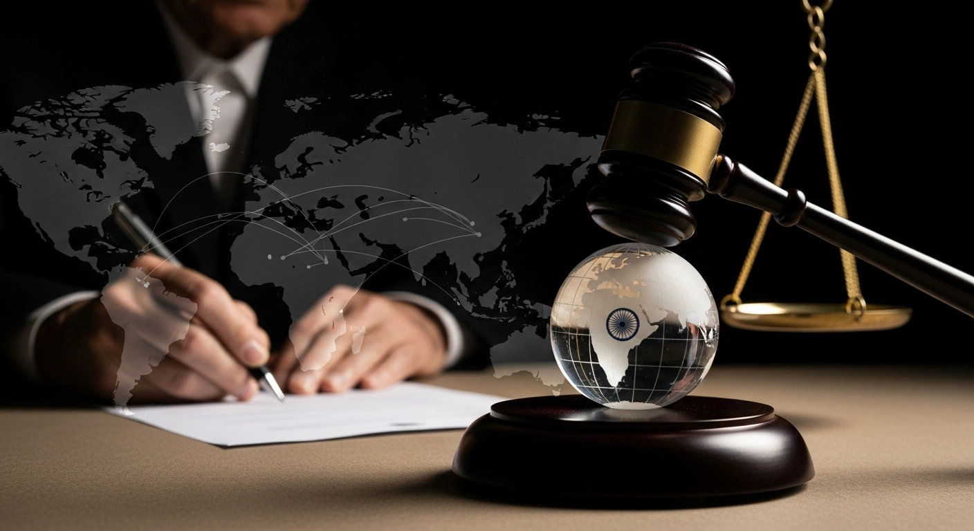 A dramatic, high-contrast image depicts an ornate gavel descending towards a fragile glass globe, symbolizing the Supreme Court's decision, while a hand, representing former President Trump, signs a document imposing new global tariffs, with a world map highlighting India and disrupted trade lines in the background.