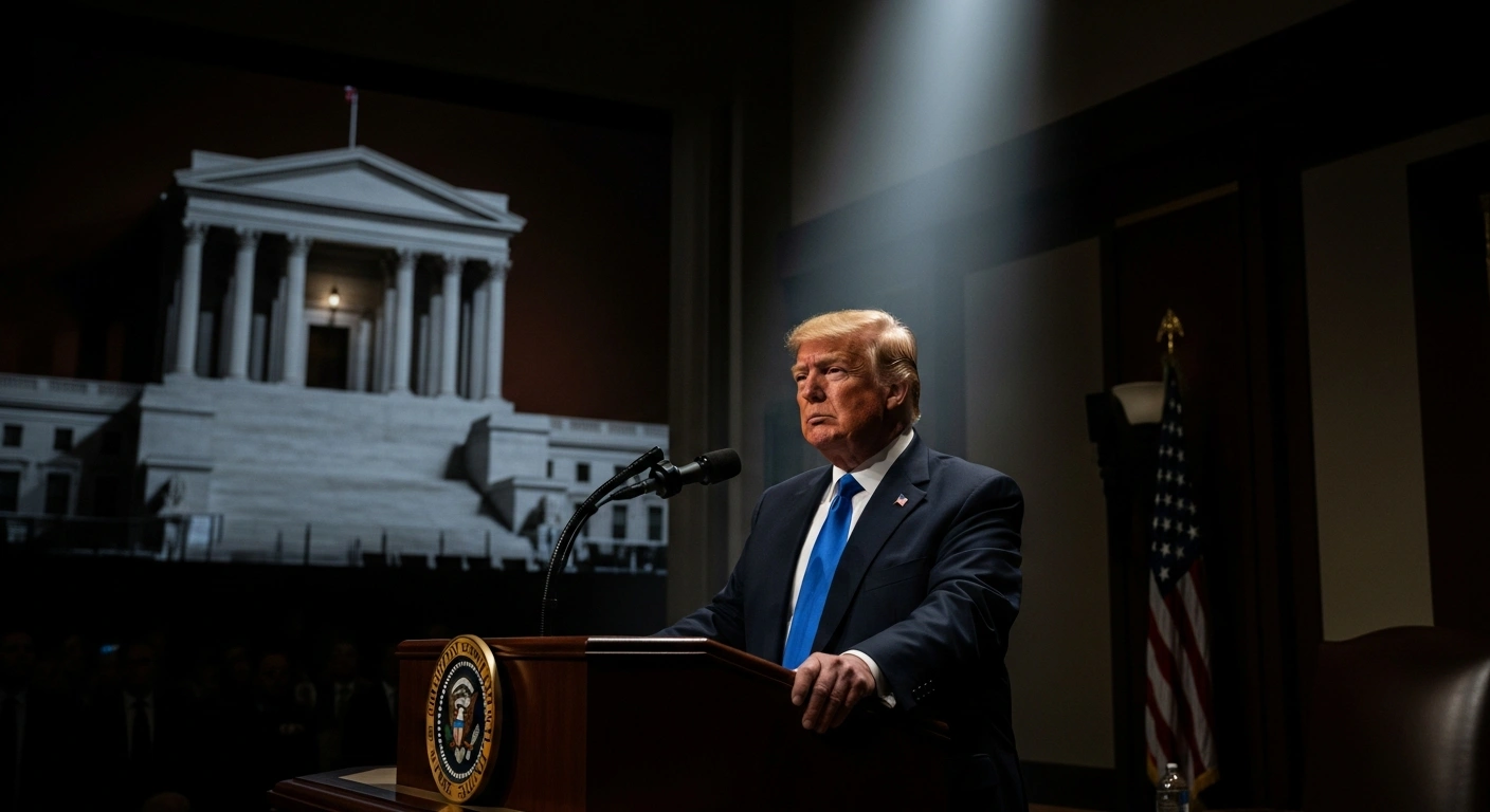 President Donald Trump stands at an ornate podium, illuminated by a single spotlight, casting dramatic shadows, with classical legislative and courthouse architecture softly blurred in the background, symbolizing his defense of trade policies and legal challenges.