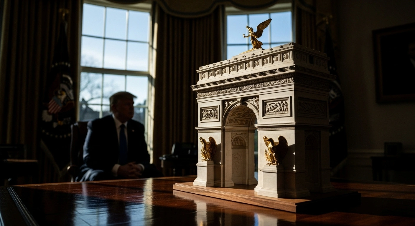 A detailed mock-up of a classical triumphal arch monument, featuring a winged golden angel and eagles, is displayed on a desk in the Oval Office, reflecting President Donald Trump's interest in ambitious construction projects.