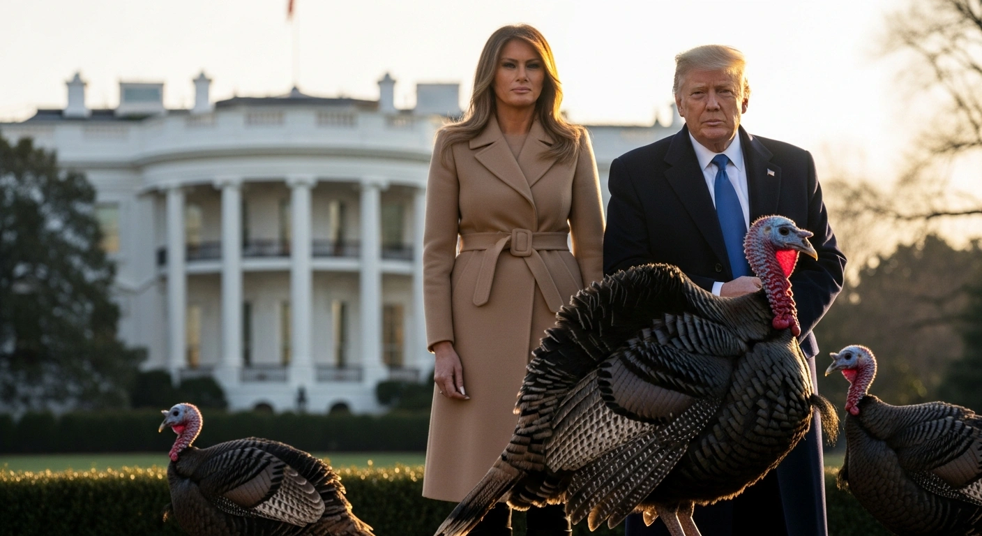 President Donald Trump and First Lady Melania Trump participate in the annual White House Thanksgiving turkey pardoning ceremony on November 25, 2025, with turkeys 'Gobble' and 'Waddle' from North Carolina.