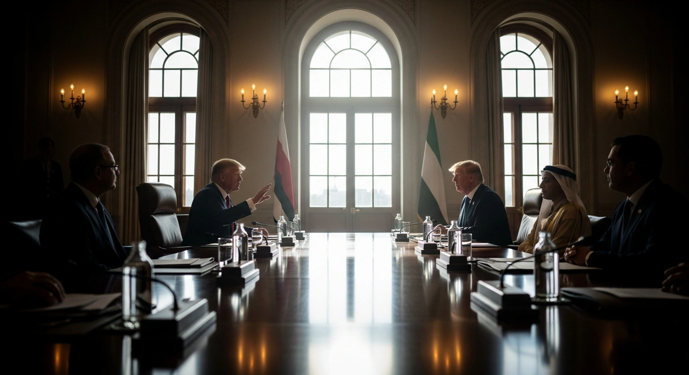 A formal meeting scene shows former US President Donald Trump at the head of a large conference table, with a representative from the United Arab Emirates seated nearby, symbolizing the UAE's acceptance to join the Trump-led 'Board of Peace' for post-war Gaza reconstruction and implementation of his peace plan.