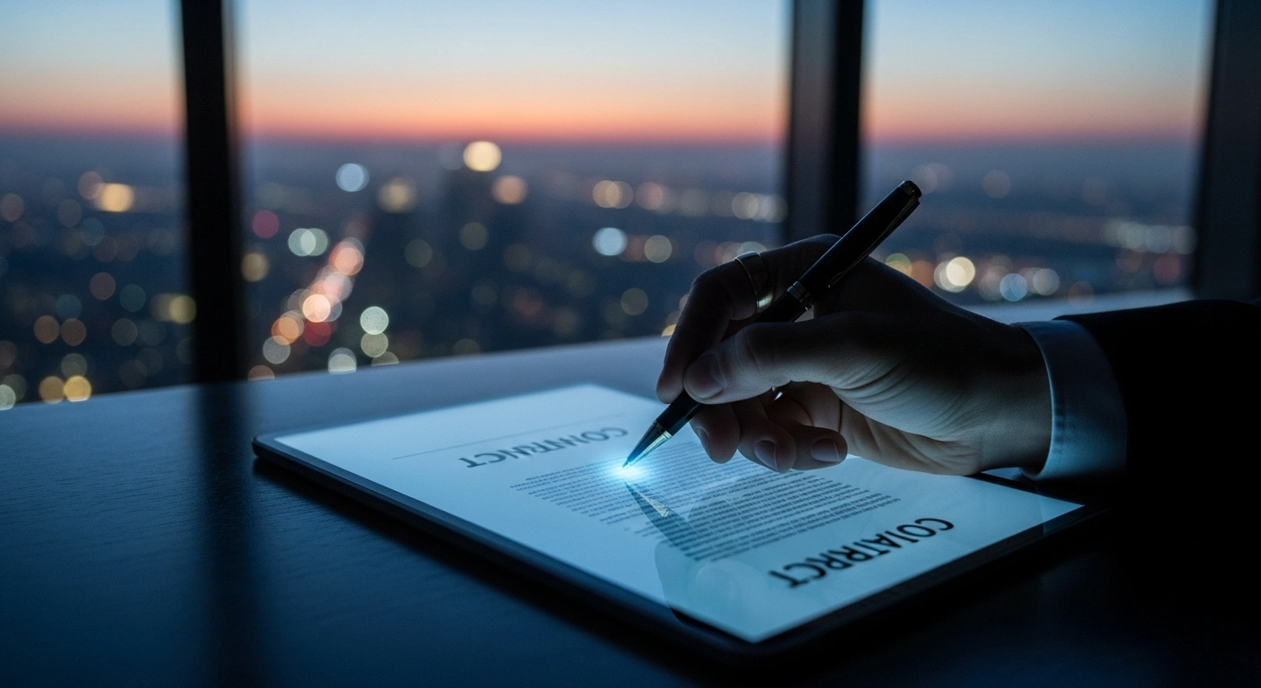 A close-up shot shows a hand signing a document on a sleek tablet in a dimly lit, opulent office, symbolizing the secret $500 million acquisition of a 49% stake in the Trump family's cryptocurrency venture, World Liberty Financial, by an investment firm linked to the United Arab Emirates, a deal signed by Eric Trump in January 2025.