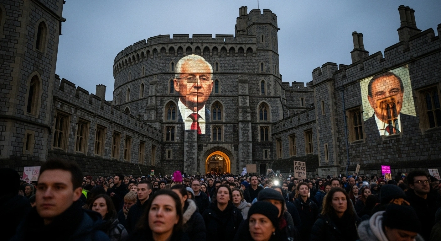 A large crowd of protesters stands in front of Windsor Castle at dusk, illuminated by a projected image of US President Donald Trump and Jeffrey Epstein on the castle walls, during a state visit to the UK.