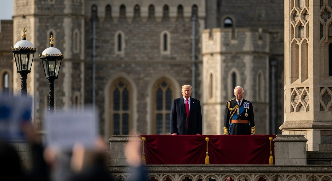 President Donald Trump and King Charles III stand formally on a stone balcony at Windsor Castle during a state visit, with distant protest signs subtly visible in the blurred foreground.