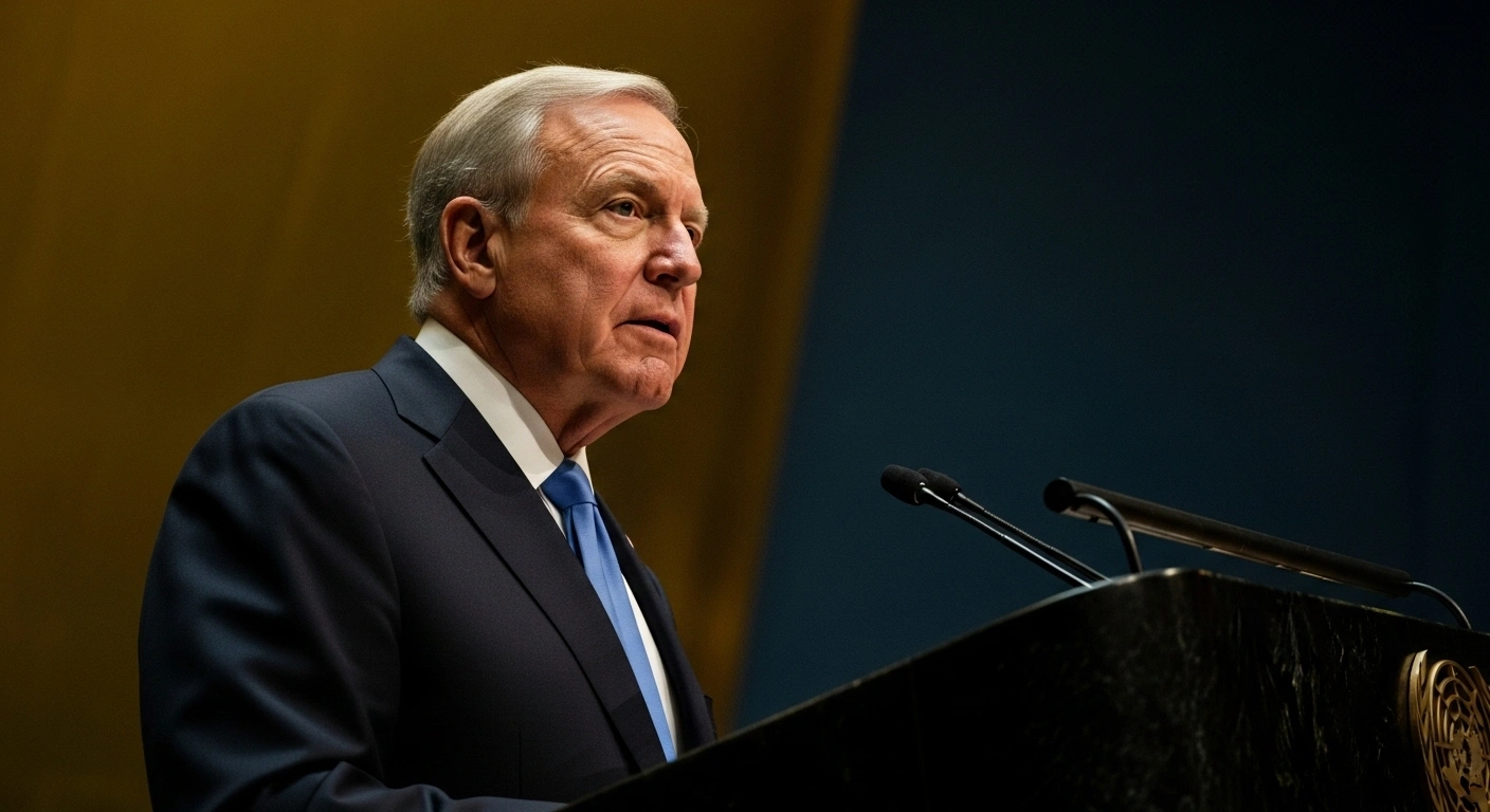 A close-up photograph of former U.S. President Donald Trump speaking at a podium during a UN General Assembly address, where he criticized the organization's effectiveness, Europe's immigration policies, and accused China and India of funding Russia's war in Ukraine through oil purchases.