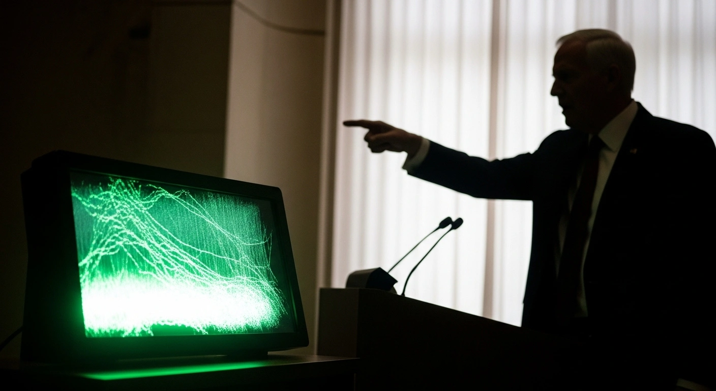 A close-up of a malfunctioning teleprompter screen casting erratic light, with a silhouetted figure pointing in the background, visually representing Donald Trump's claims of 'triple sabotage' and 'sinister events' at the UN General Assembly.