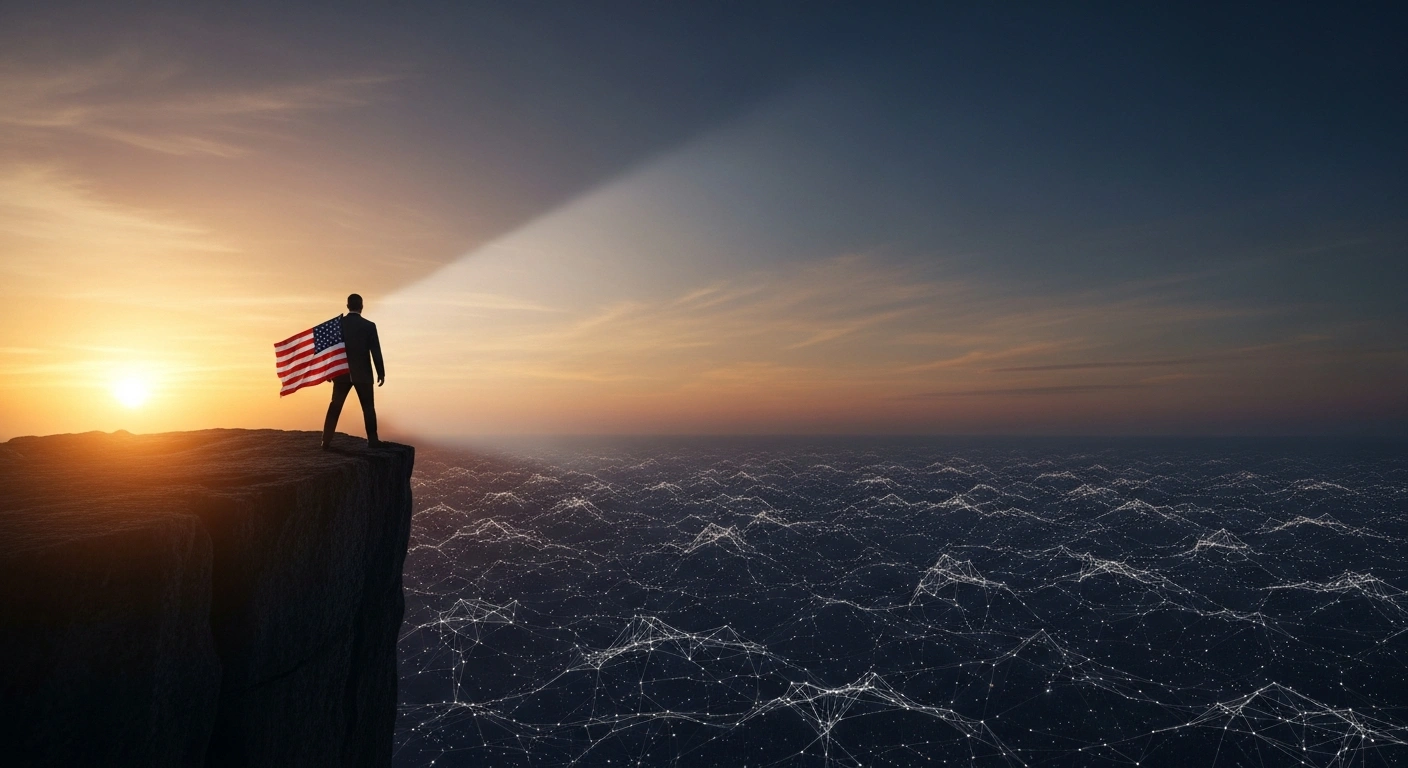 A dramatic, low-angle shot of a powerful, solitary figure, symbolic of the United States, turning its back on a dimly lit, interconnected global assembly, representing the nation's withdrawal from 66 international organizations and treaties, including major climate groups, under President Donald Trump.