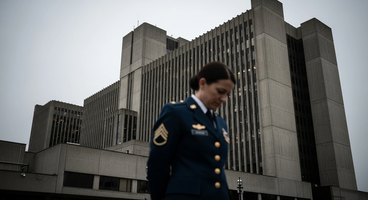A lone female veteran stands with bowed head and slumped shoulders in front of a towering, brutalist government building, symbolizing the Trump administration's ban on Department of Veterans Affairs (VA) abortion services, including for cases of rape or incest, which reverses a 2022 Biden-era policy.