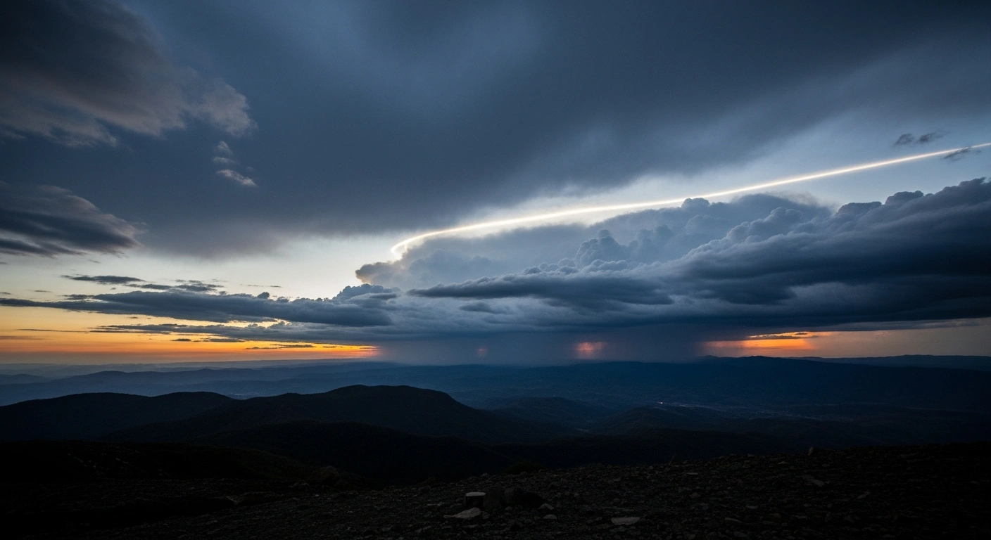 A dramatic twilight scene depicts a vast, foreboding sky with a subtle, shimmering energy barrier symbolizing closed airspace over the rugged Venezuelan landscape, illustrating the escalating tensions between the US and Venezuela after President Trump's declaration.