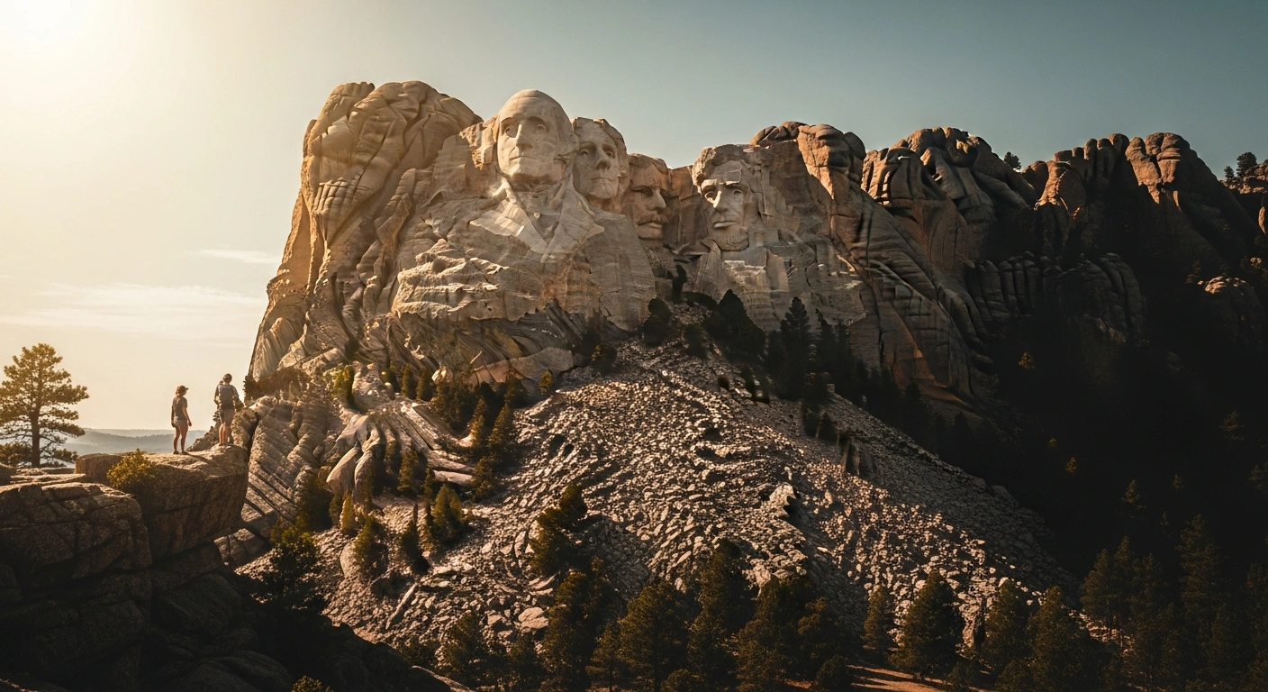 Former President Donald Trump stands at an overlook viewing the Mount Rushmore National Memorial during a hot summer day in South Dakota.