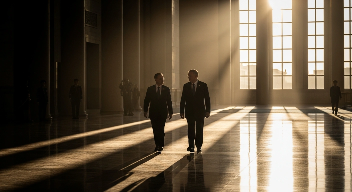 President Donald Trump and President Xi Jinping walk together during a high-level diplomatic summit in Beijing to discuss trade, artificial intelligence, and nuclear arms control.