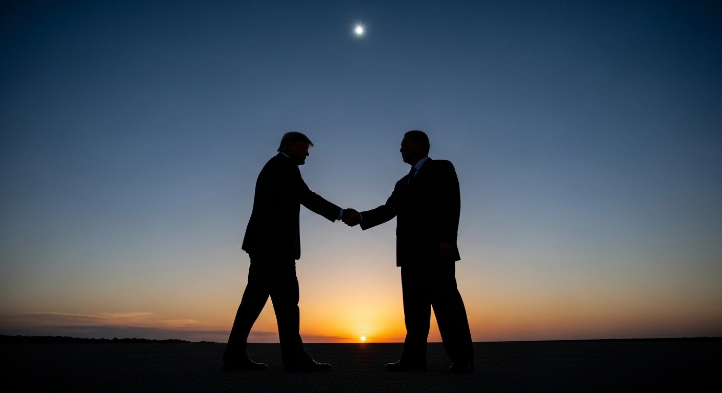 Two world leaders, representing the United States and China, are shown shaking hands under a dramatic twilight sky, symbolizing an effort to improve strained relations through high-level exchange visits.