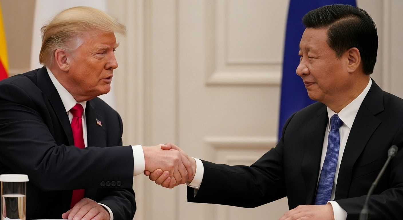 Presidents Donald Trump and Xi Jinping shake hands in a formal setting, symbolizing a new trade agreement and reduced tariffs on Chinese imports, following their meeting in Busan, South Korea.