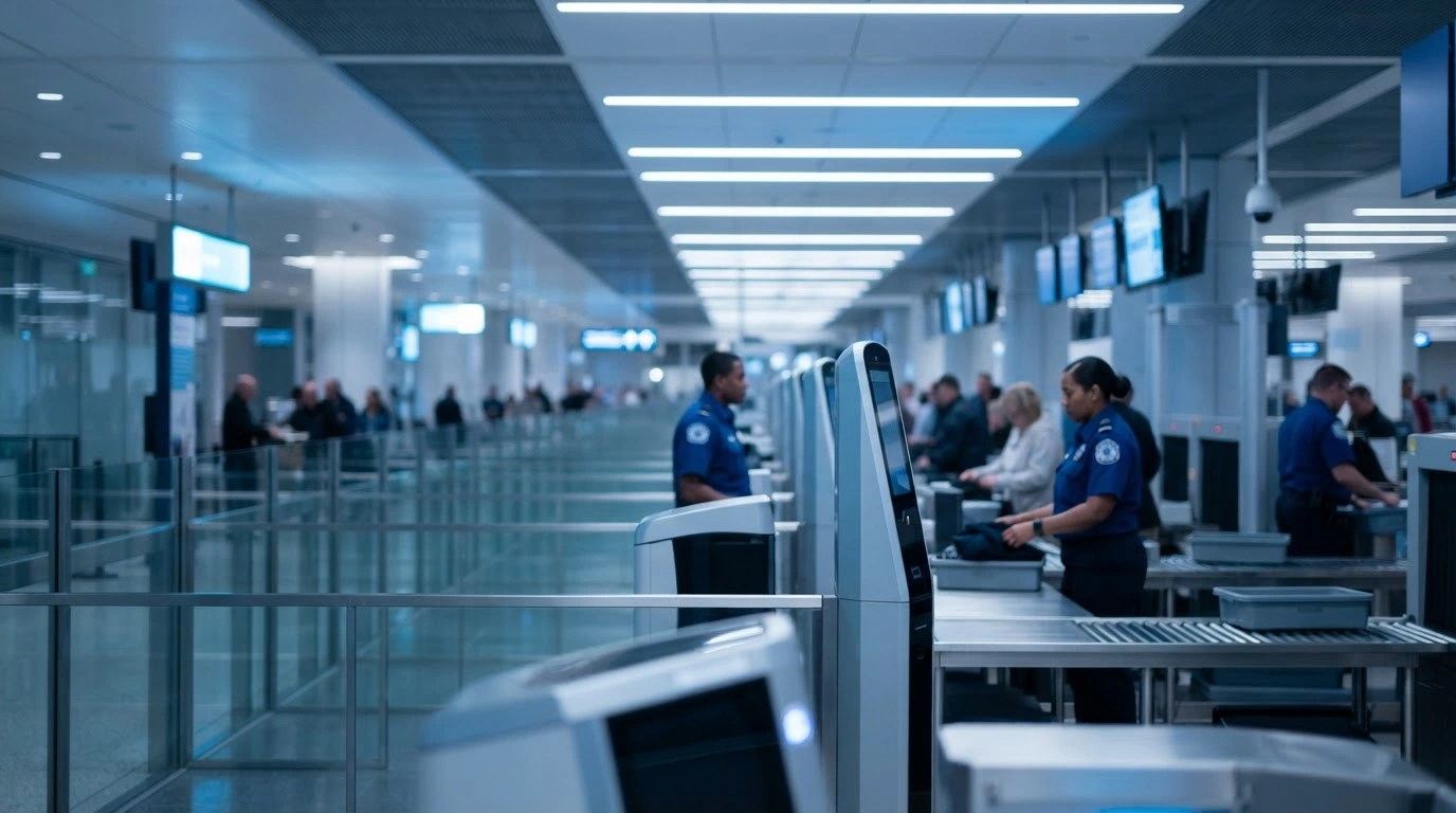 A modern airport security checkpoint features advanced technology and automated screening systems as part of the TSA Horizon 25 strategic vision.