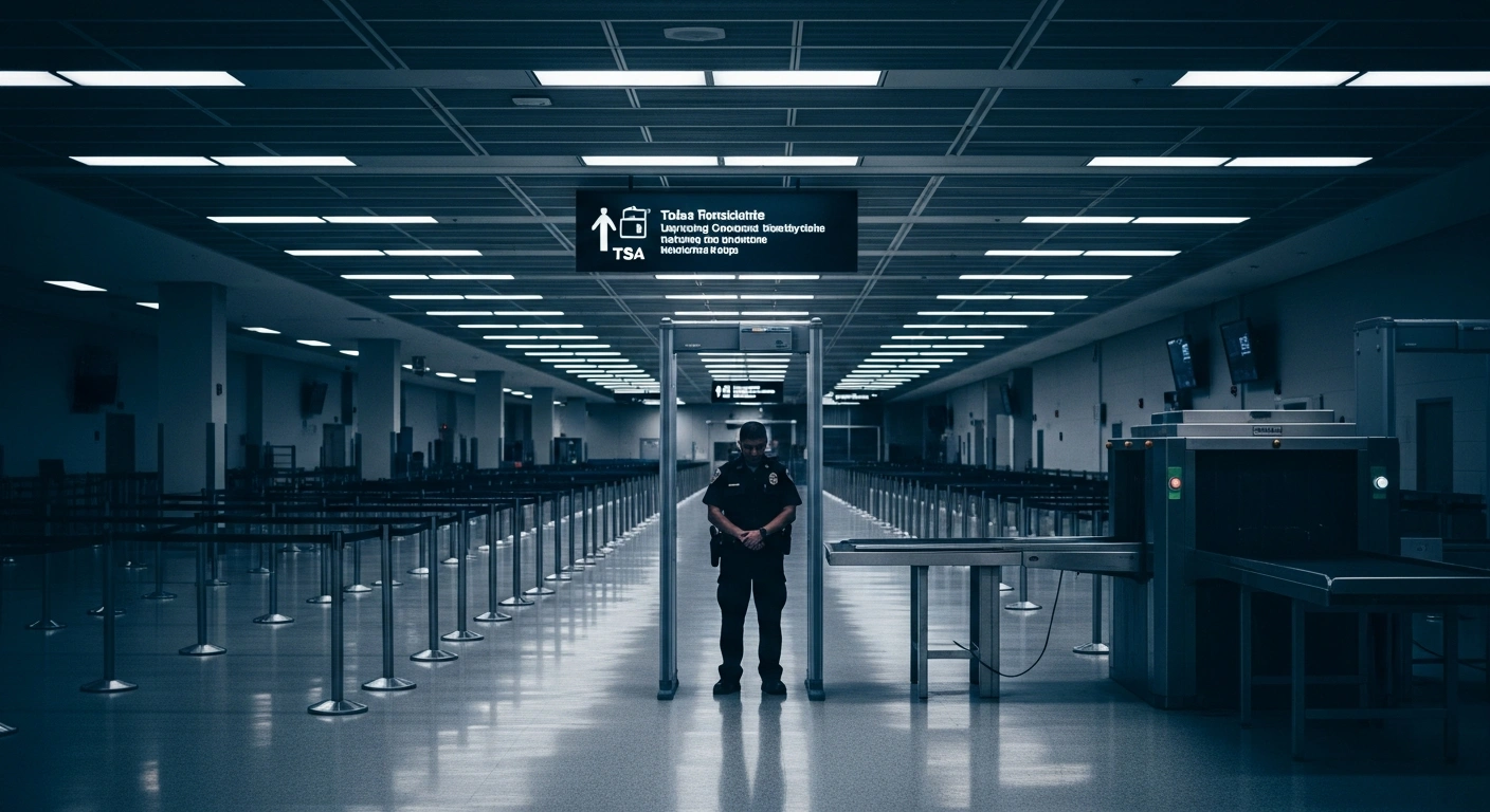 A lone TSA officer stands at an empty airport security checkpoint during a federal government shutdown.