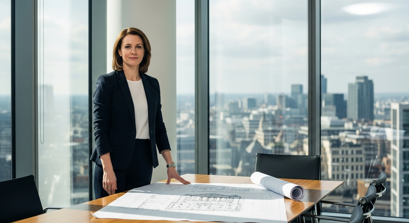 Belarusian opposition leader Sviatlana Tsikhanouskaya stands in a London office while presenting a proposal for judicial reform in a future democratic Belarus.
