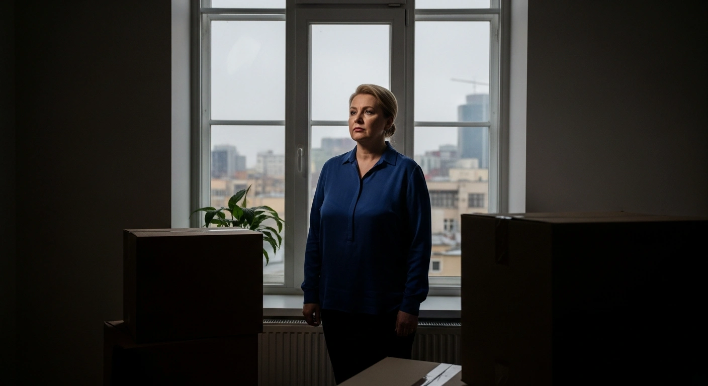Belarusian opposition leader Sviatlana Tsikhanouskaya stands in a sparsely furnished room with packed boxes, looking determined yet weary, as she prepares for the relocation of her office from Vilnius, Lithuania, to Warsaw, Poland, due to security concerns.